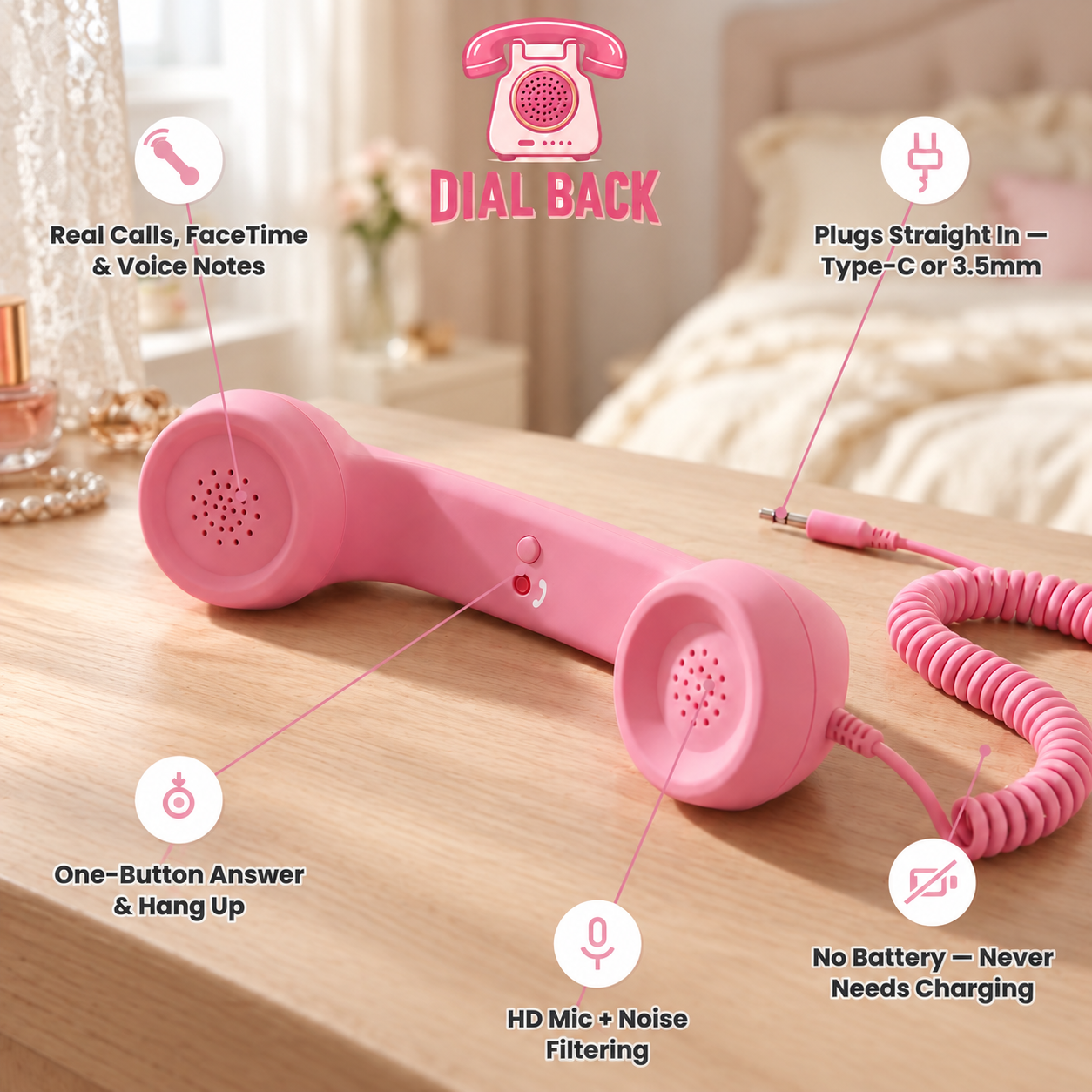 Dial Back pink retro wired phone handset on a wood bedside table, with feature callouts