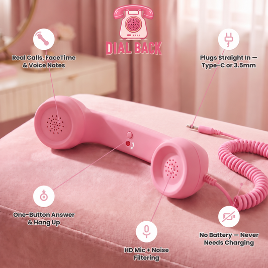Dial Back pink retro wired phone handset on pink velvet, with feature callouts