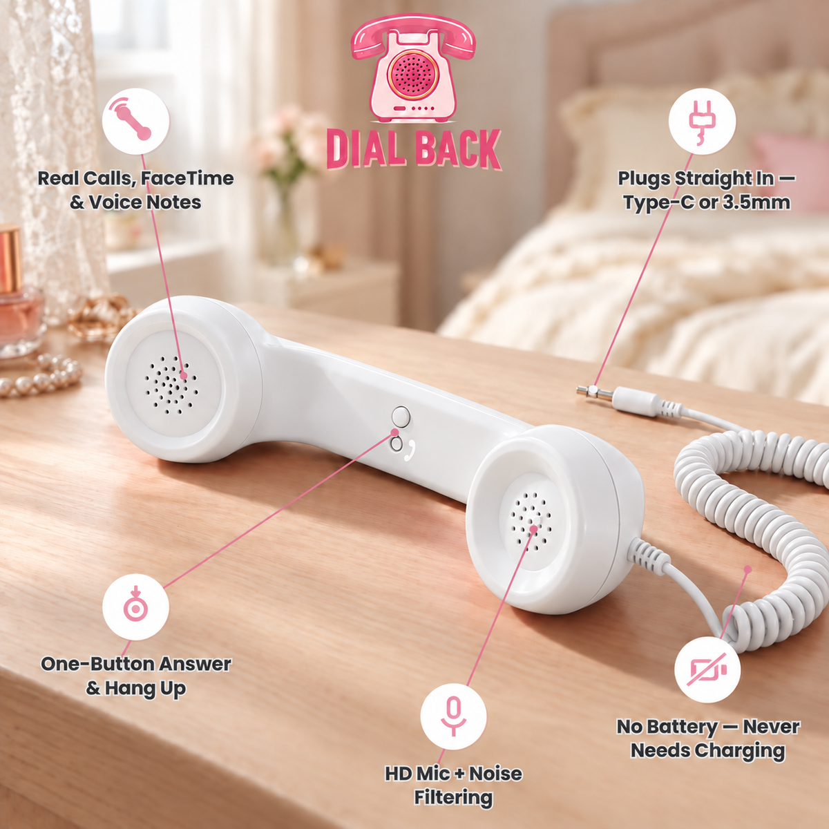 Dial Back white retro wired phone handset with feature callouts