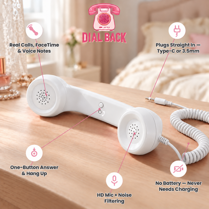Dial Back white retro wired phone handset with feature callouts