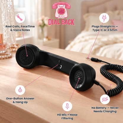 Dial Back black retro wired phone handset with feature callouts